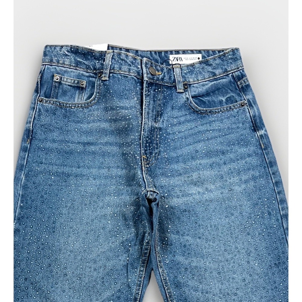 Zara Mid Rise Rhinestone Jeans Women's Size 6 Embellished Denim Straight Leg NWT